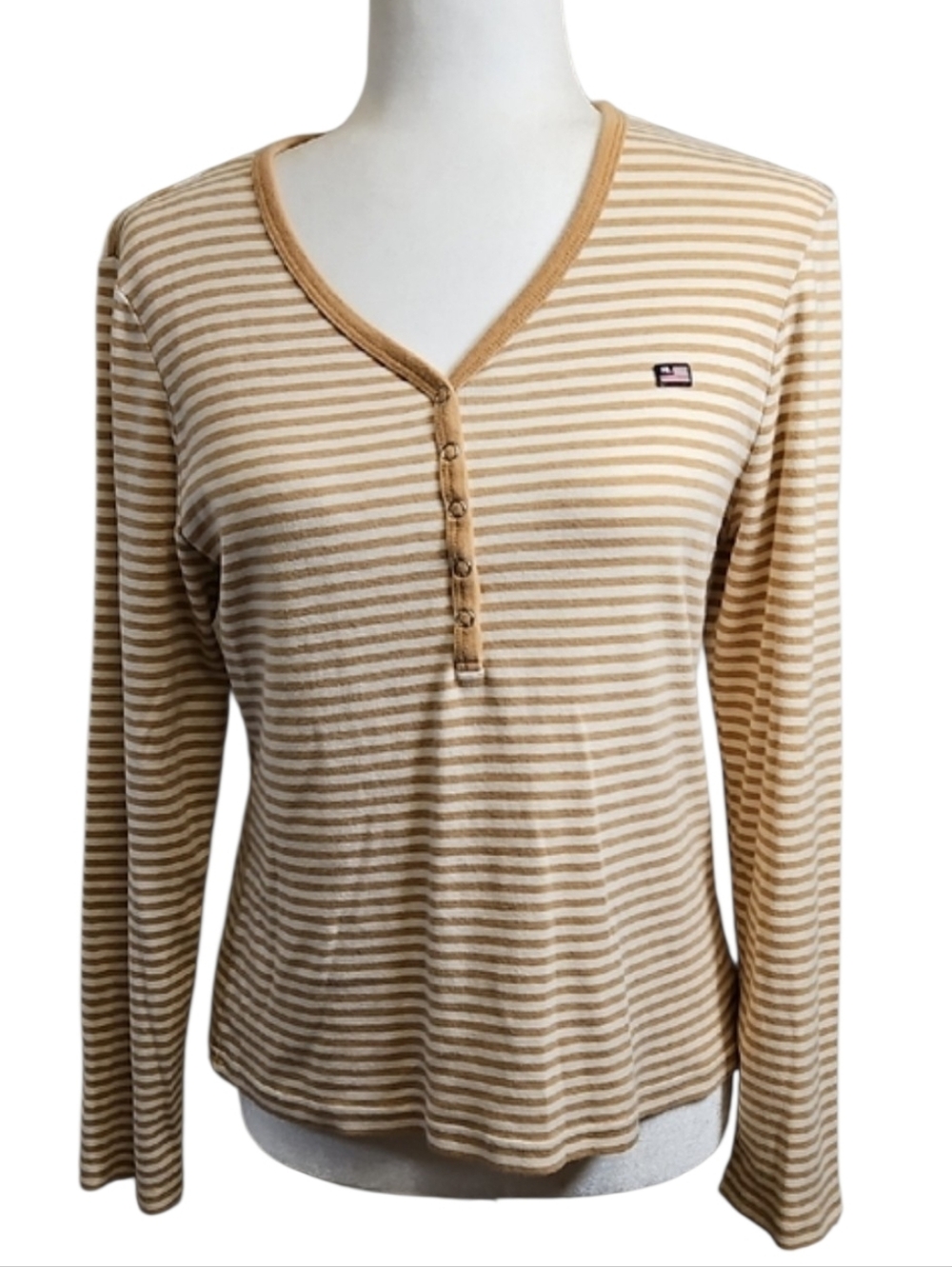 Polo Jeans Co RL Striped Henley Long Sleeve V-neck Top - 100% Cotton, Size XL